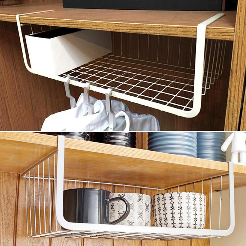 Space Saving Metal Basket Storage Rack Under Cupboard Wardrobe Desk Multi Function Storage Basket Shelf Clothing Hanging Hol
