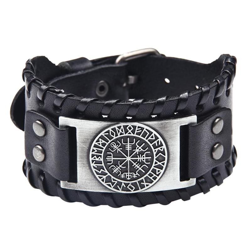 Brazalete Vintage de cuero Ancho ajustable para hombre, pulsera con cabeza de Lobo, joyería de ancho, pulseras Vintage, brazalete nórdico, Vikingo para hombre: Compass Silver