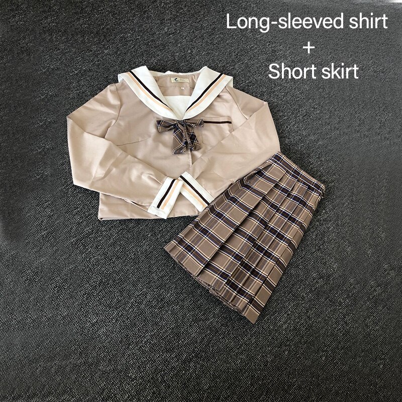 School Dresses Japanese College Middle School Uniform For Girls Jk Uniforms Lady Sailor Suit Tea Brown Color Plaid Pleated Skirt: Long - short suit / L