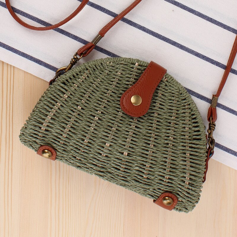 Style Small Fresh Cross Knitted Beach Forest Semi Round Straw Photo Handbag Crossbody Bags For Women Has Buckle: Army Green