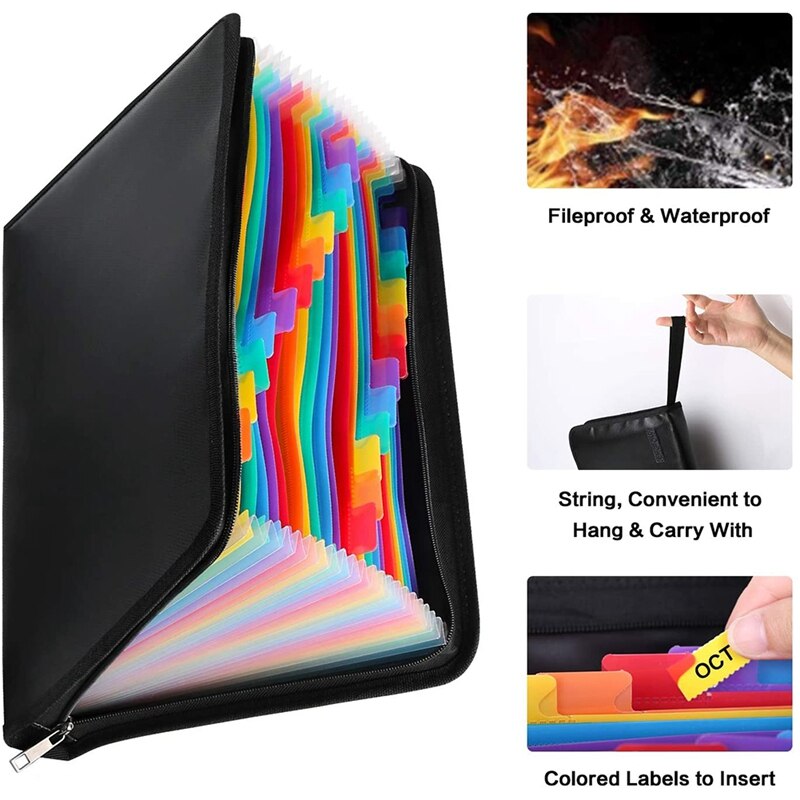 Fireproof Expanding File Folder Waterproof Document Organizer with A4 Water Resistant Pouch, with Zipper Closure