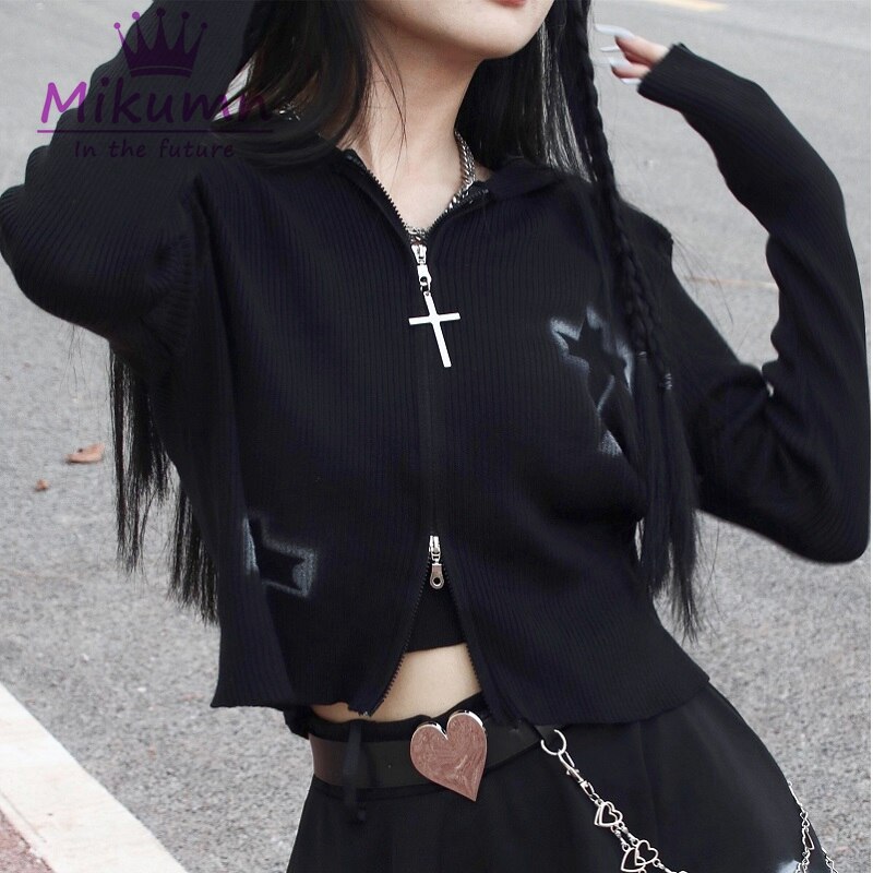 Cardigan gothique en tricot noir foncé pour femme, pull à manches longues, avec fermeture éclair, Slim, imprimé croix, Rock Punk, Streetwear, automne