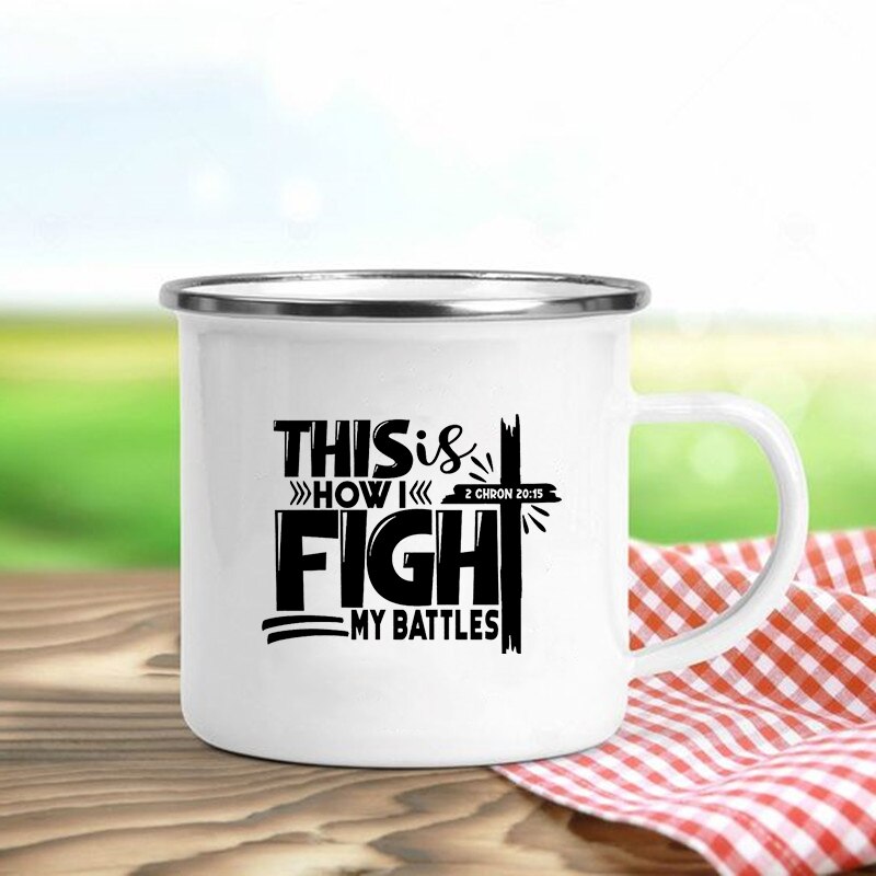 Jésus est dieu imprimer tasses en émail chrétien tasses à café boisson Dessert petit déjeuner lait tasse Vintage tasse poignée Drinkware: jaune clair