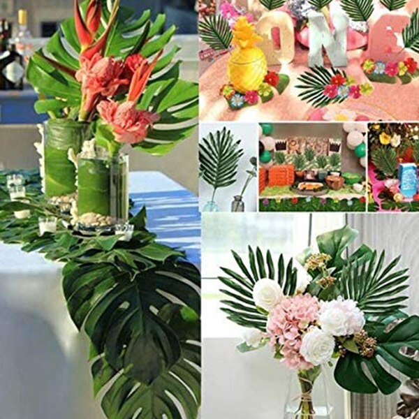 48 stk falske palmeblader og kunstige monstera-blader, tilbehør til hjemmebryllup-temafest grillbordbladdekorasjoner