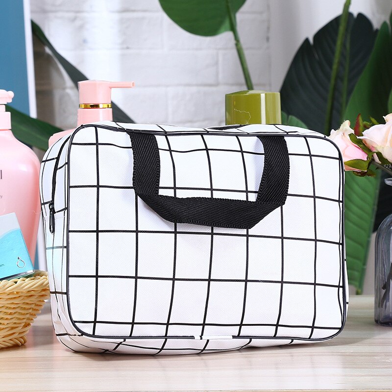 Neceser grande de viaje para mujer, bolsa de maquillaje colgante para baño, almacenamiento informal, negro y gris: 3