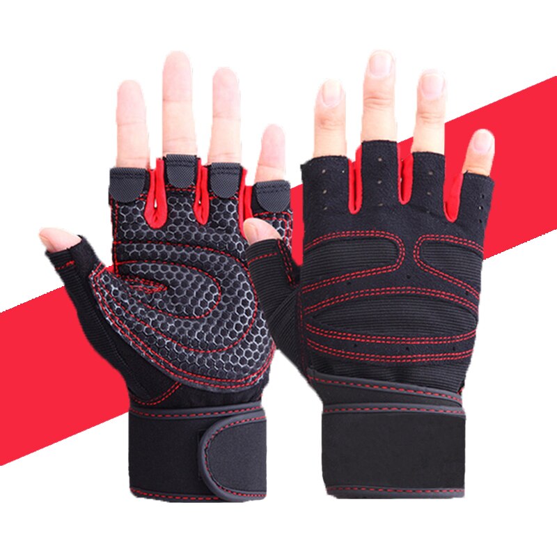 Weightlifting Gloves Men Women Gym Gloves with Wrist Wrap Support Body Building Fitness Exercise Crossfit Half Finger Gloves: Red / S