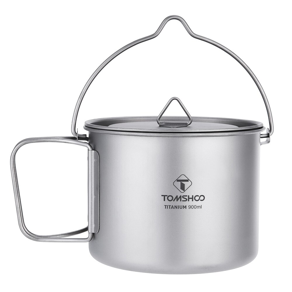TOMSHOO 900ML Portable Titanium Pot Titanium Water Mug Cup with Lid and Foldable Handle for Outdoor Camping Cooking Picnic