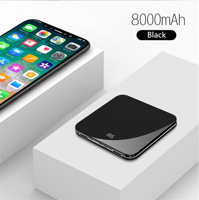 8000mAh Mini Power Bank 2.0A Quick Charge Power bank Dual-USB Portable Mirror Aluminium Fast Charging Mini External Battery: Black D76