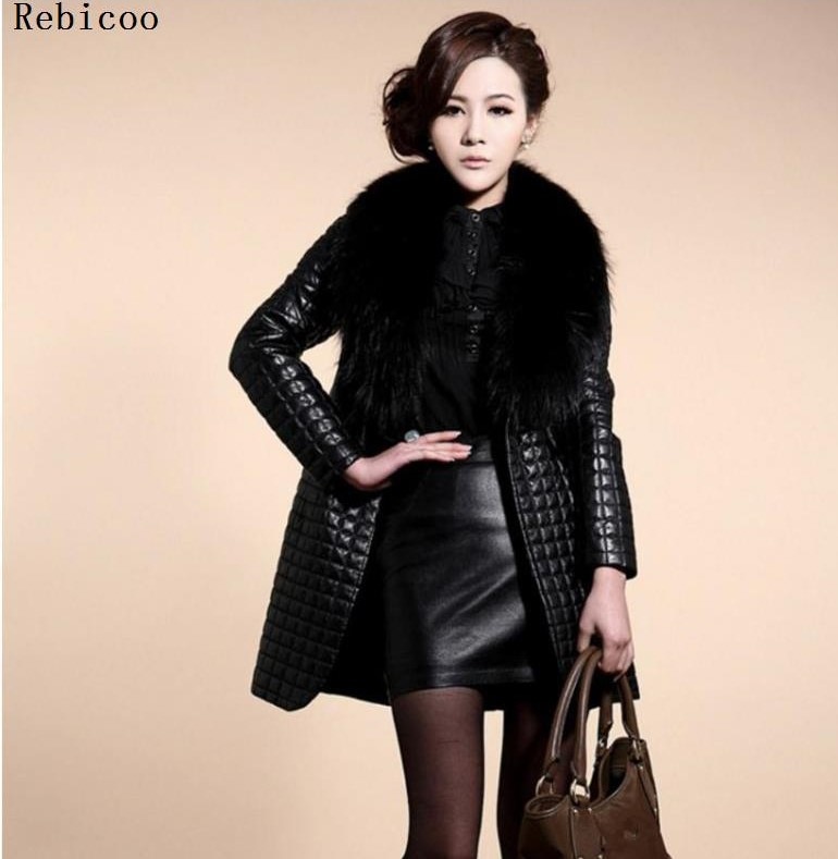 Damskie duże rozmiary dorywczo Pu skórzane płaszcze długi odcinek futro kołnierz kurtki skórzane damskie kurtki skórzane Jaqueta De Couro