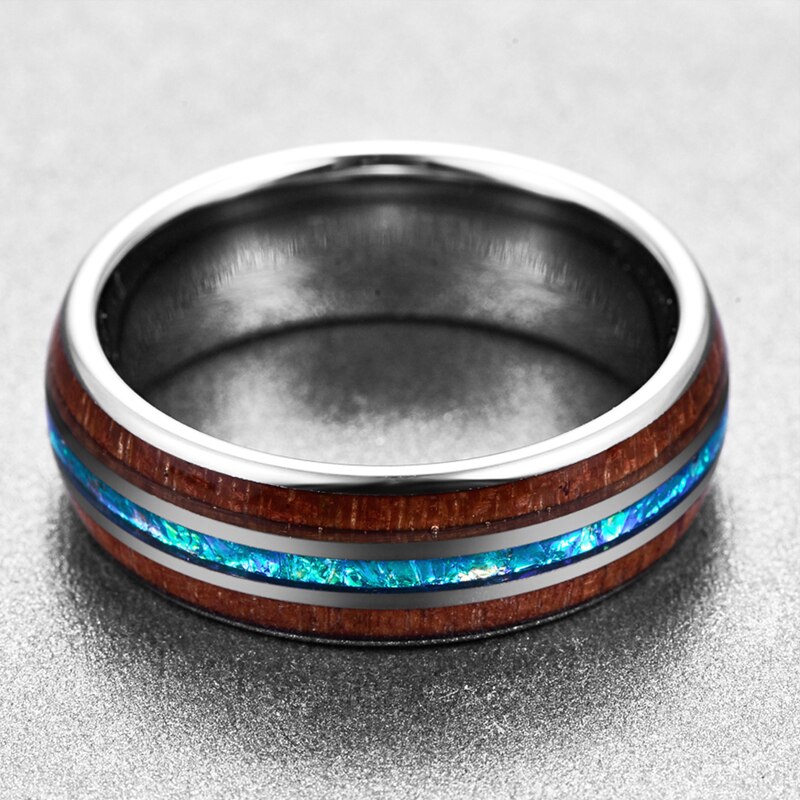 8mm Classic Hawaiian Koa Wood Colorful Opal Tungsten Carbide Ring Jewelry Dome Polished Men&#39;s Wedding Bands Rings