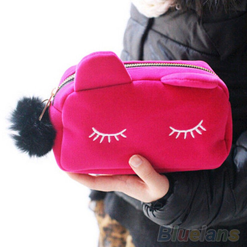 Bolsa de maquillaje negra con Gato de dibujos animados, caja con cremallera, cosméticos, papelería escolar, bolsa de terciopelo, bolsa de viaje, bolsa de maquillaje