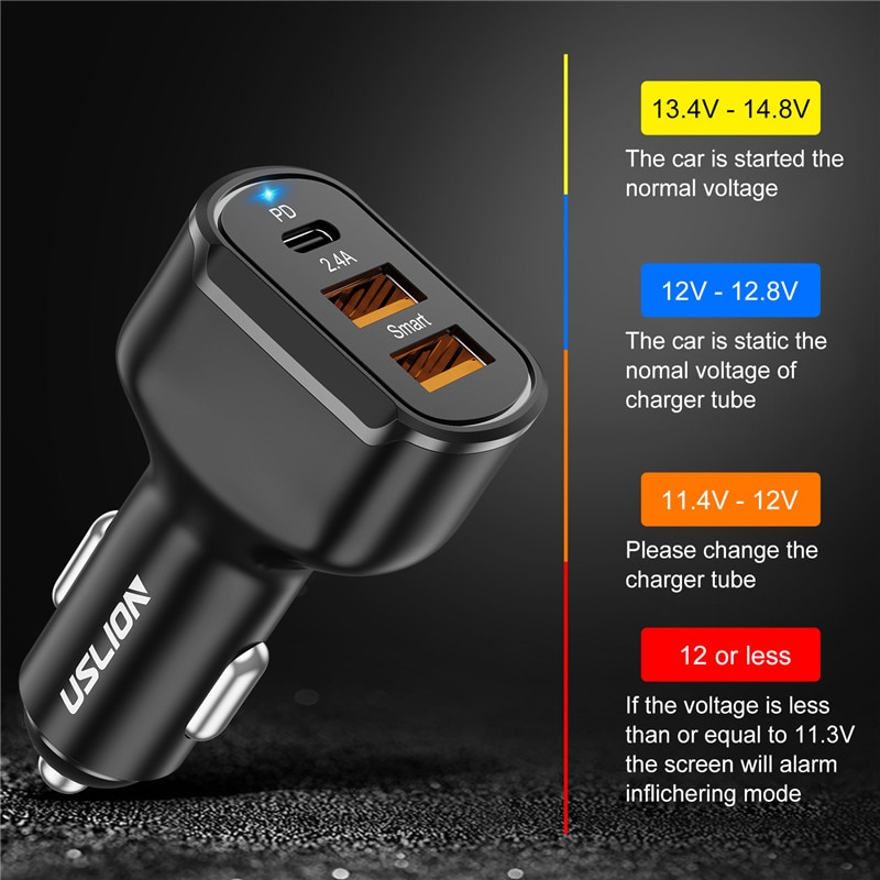 USLION caricabatteria da auto USB PD 30W 3 porte USB tipo C ricarica rapida per iPhone 12 Xiaomi Huawei adattatore per caricabatterie per telefono Samsung in auto