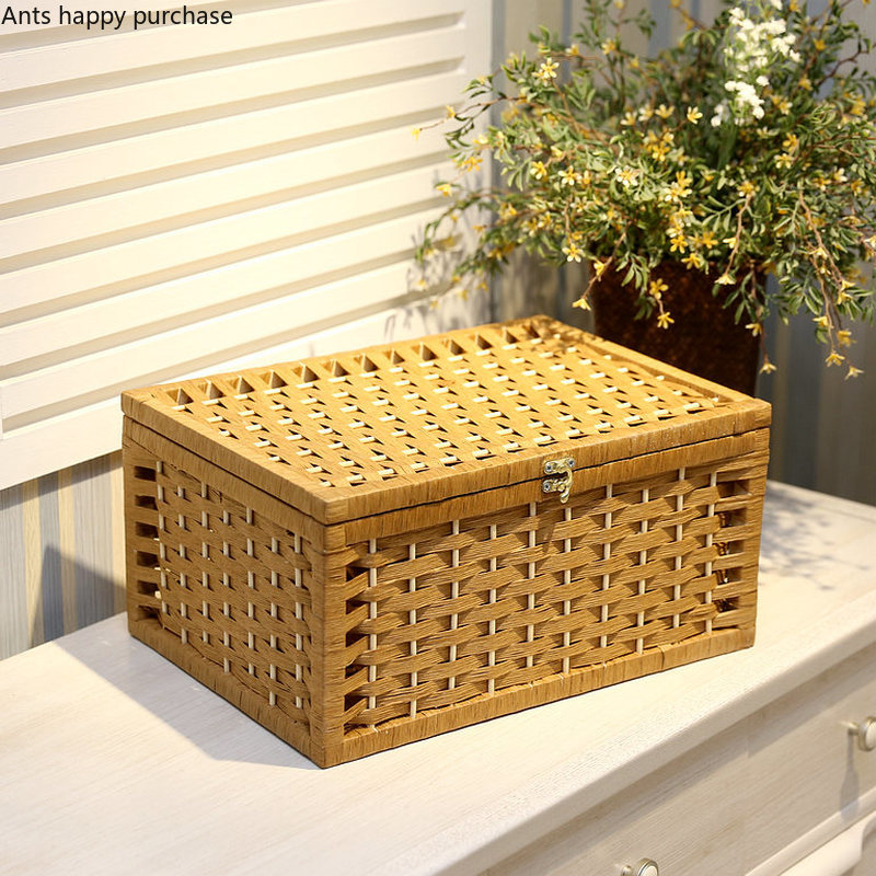 Rattan Weaving Storage Box with Lid Household Desktop Debris Storage Box Living Room Snacks Bedroom Clothing Storages Basket