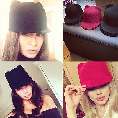 Gorro redondo cálido de lana con orejas de gato para niña y mujer, gorro de lana con orejas de gato, sombrero de Diablo, sombrero de fieltro Retro, Derby Bowler Horse, sombreros de ,