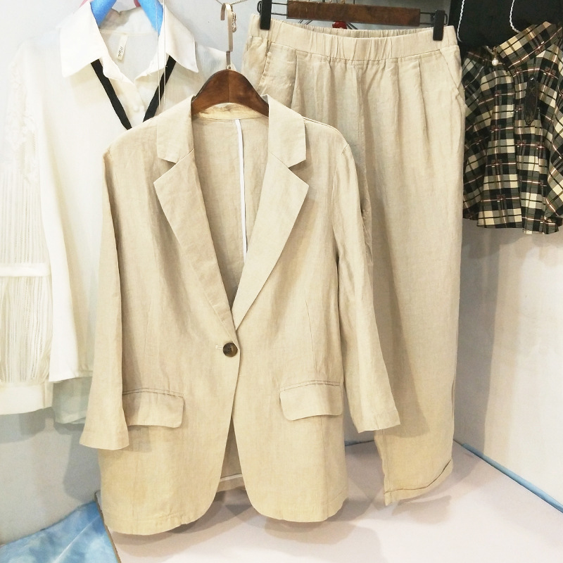 Traje casual de verano conjunto de blazer fino suelto de algodón y lino conjunto de trajes de mujer 2 piezas trajes de oficina para mujer trajes de pantalón de mujer: XXL