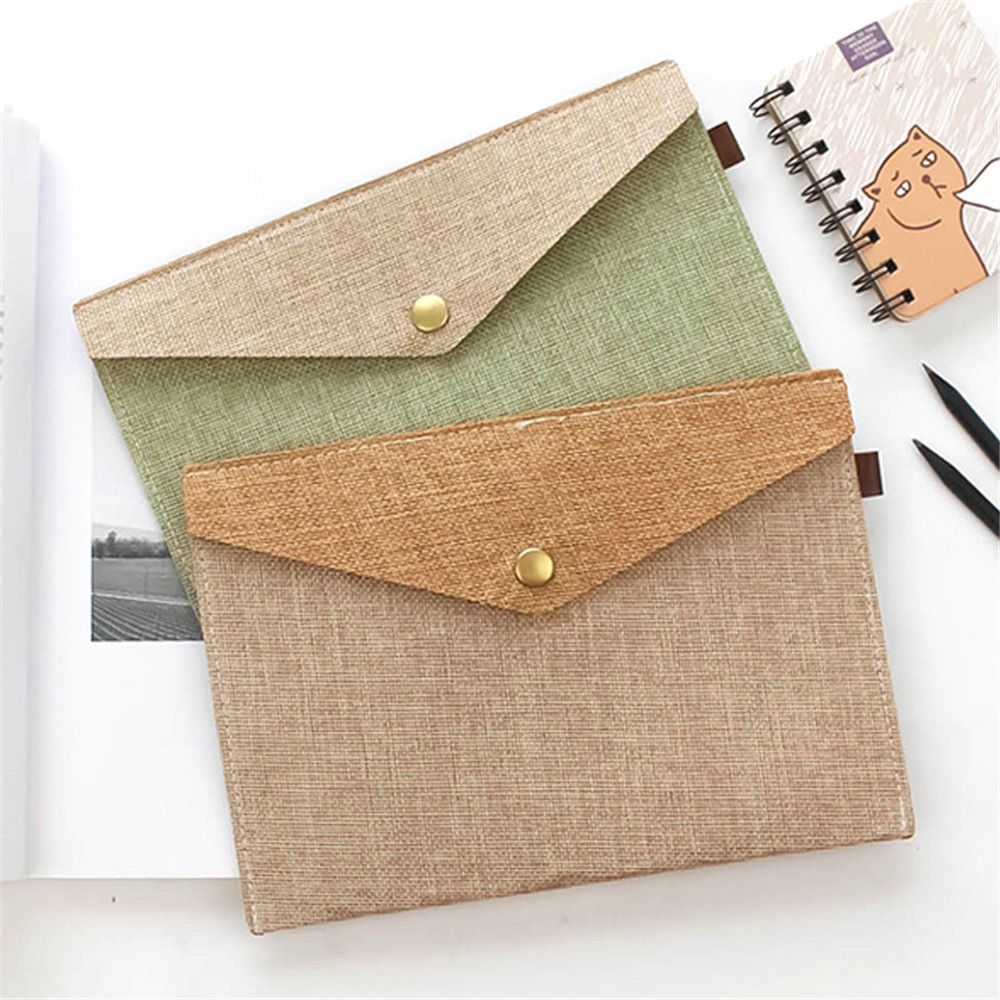 1pc Imitation Linen Canvas File Bag Button Closure Folder Bag Office Document Folder Storage File Organizer Office Desk Supplies