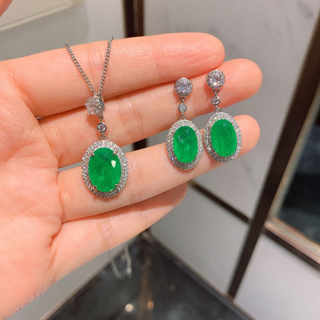 QTT Natürliche Smaragd Turmalin Stein Halskette Baumeln Ohrringe setzt Silber Farbe Oval Schmuck-einstellen Für Damen Mädchen Hochzeit