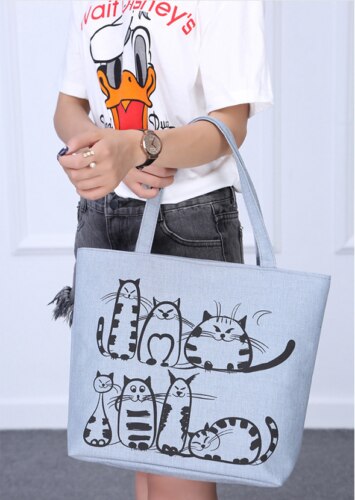 Nova moda mão desenhada gato dos desenhos animados sacos de lona impresso praia zíper grande capacidade saco lona tote compras bolsas