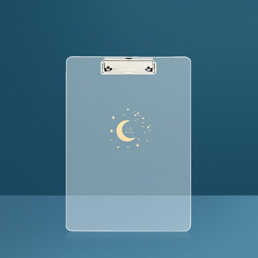 Simple A4 Files Holder Clipboard with Bronzing Moon Plastic Clipboard Low Profile Clip Student Writing Pad for Office School: White