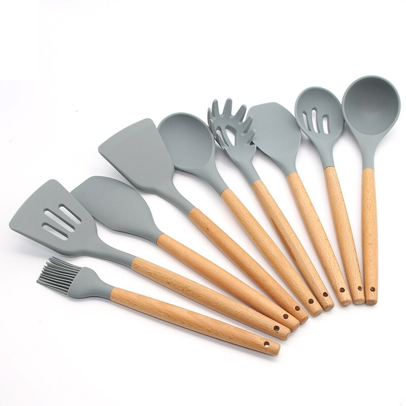 Silicone Cooking Utensils Kitchen Utensil Set Non-stick Heat Resistant Silicone,Cookware with Wooden Handle: 9 Pcs