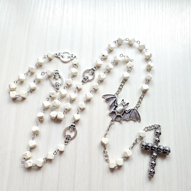 Qigo Mode Mannen Sieraden Vintage Bat Schedel Kruis Hanger Ketting Lange Kralen Strand Ketting