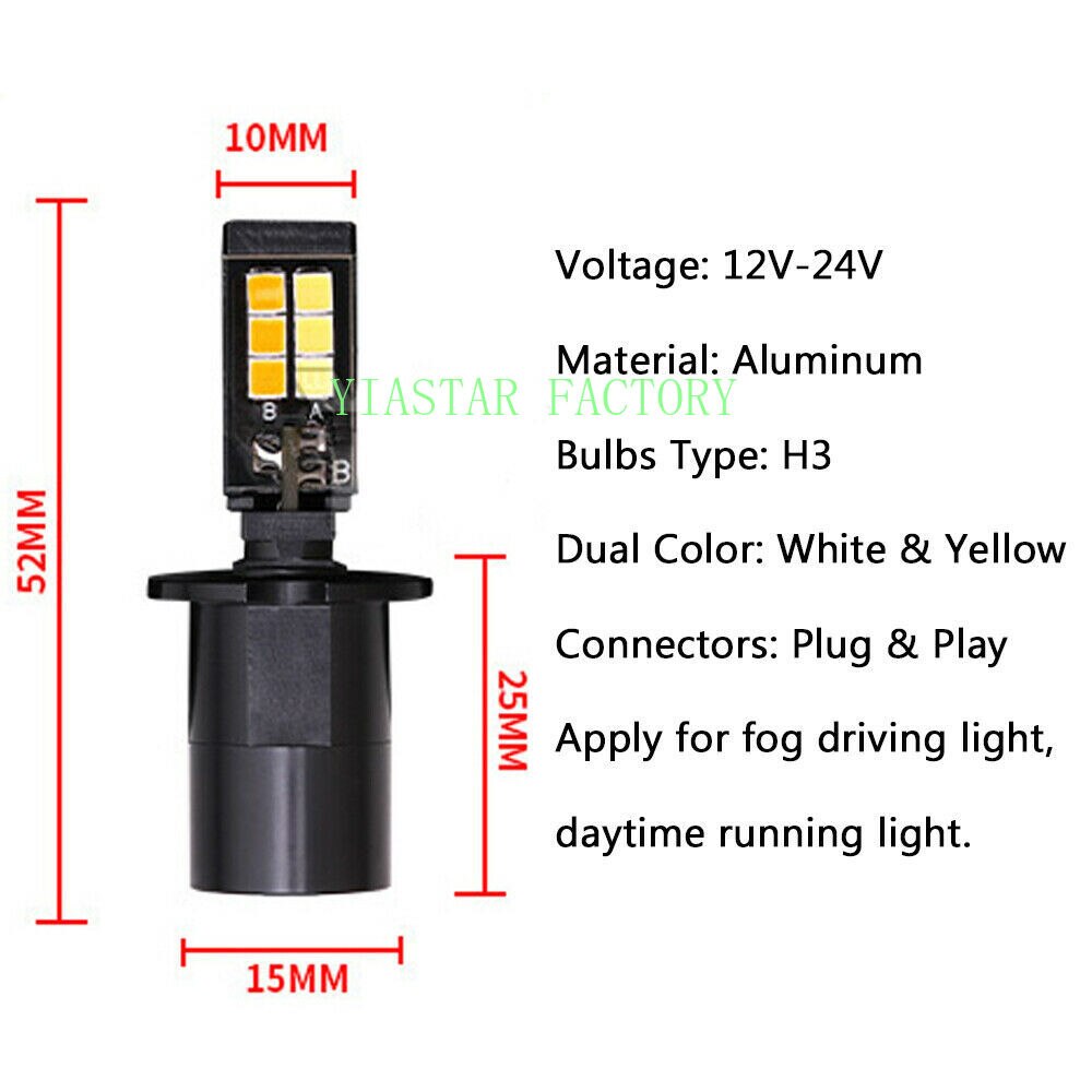 2x H3 LED 6000K Kolben Birne Weiß Gelb Nebel Fahr Licht DRL Lampe Dual Farbe 12V