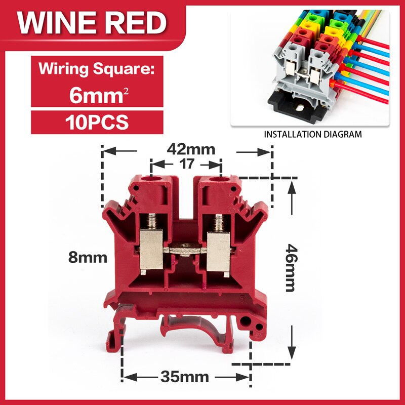 10Pcs Din Rail Terminal Block UK-6N Connductor Universal Class Screw Wire Connector Strips Disassemble assembly: Wine  red-10PCS