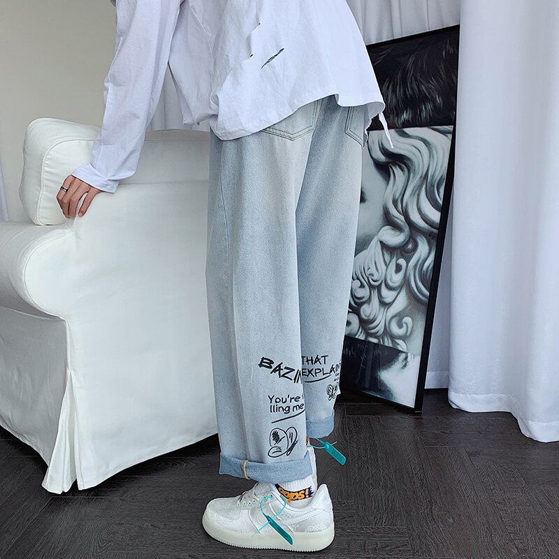 ZAZOMDE Jeans Men Hip Hop Style Denim Pants Graffiti Letter Print Men Jeans Patch Baggy Casual Trouser Hipster Jeans Streetwear