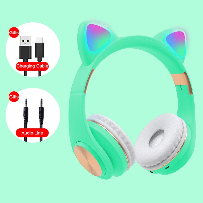RGB flash light cute cat ear wireless headphones noise reduction headset Bluetooth children's headset with microphone for phone: green