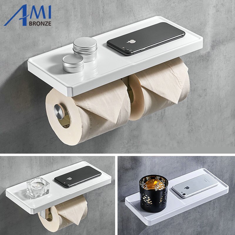 Uchwyt na papier biały żywiczny płyta i 304 ze stali nierdzewnej uchwyt na papier toaletowy półka na telefon stojak na telefon