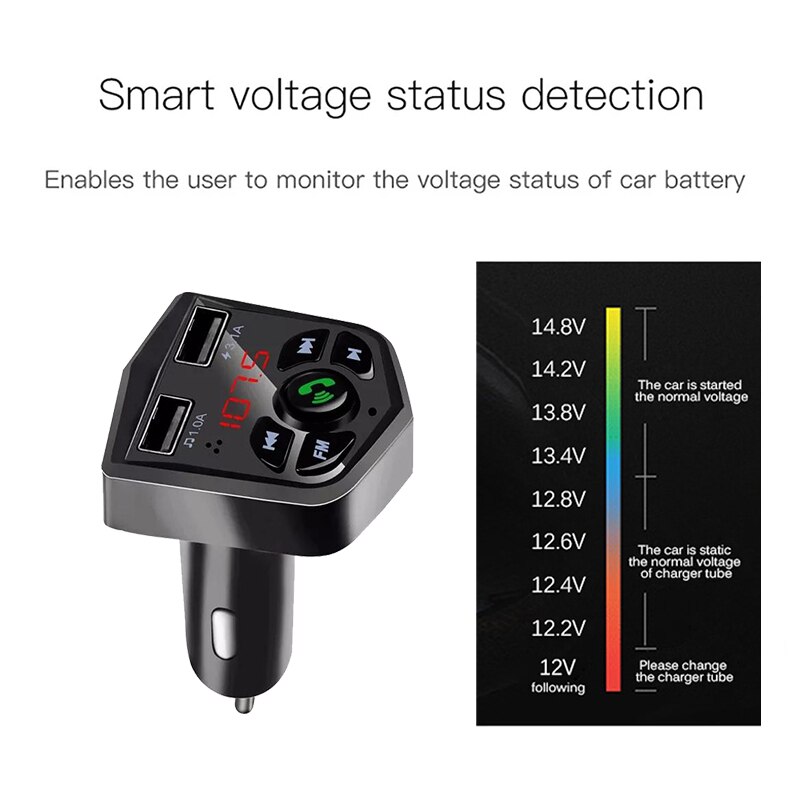 Bluetooth 5.0 Car Kit MP3 Player FM Transmitter Micro SD TF Music Playing LED Dual USB 4.1A Car Charger Voltage Display