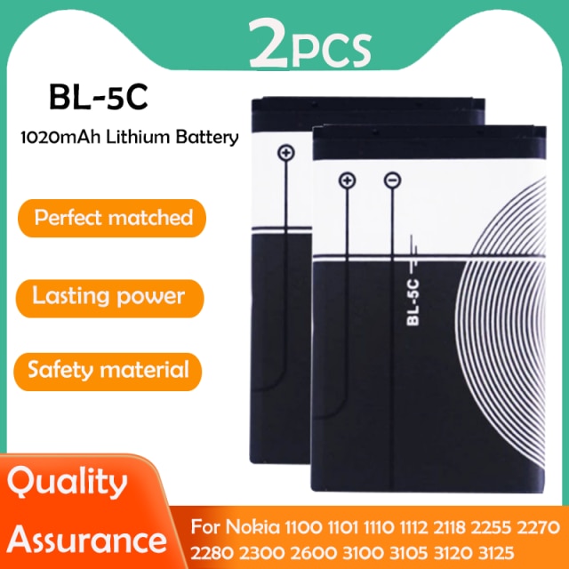 1-2 Stuks BL-5C BL5C Bl 5C 3.7V 1020Mah Vervangende Lithium Batterij Voor Nokia 1100 1200 1208 1280 1600 2600 2700 3100 3110 5130: 2PCS