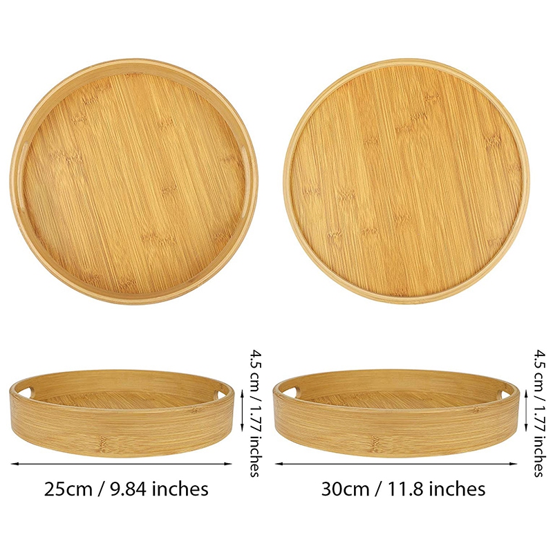 Natural Round Serving Tray Set Wooden Bamboo Circle Tray With Handles For Coffee Table, Food, Restaurant Home Party
