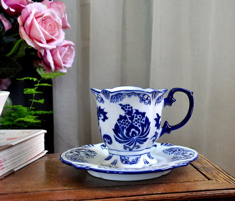 Vajilla de cerámica Jingdezhen, taza de leche europea, té, porcelana azul y blanca, taza de café y plato