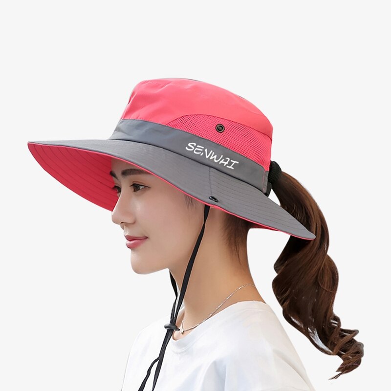Outdoor Hiking Wide Brim Bucket Hat Women Quick Drying Breathable Packable Sunshade UV-proof Ponytail Cap With Chain Strap: Watermelon Red