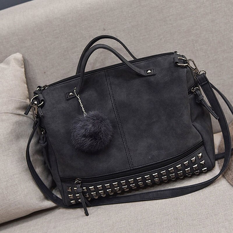 Women's Shoulder Bag - PU Leather Tote - Single Strap Crossbody - Zipper Closure - Casual & Shopping: Black with fur ball