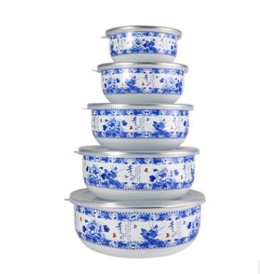 5Pcs/Emaille Kom Set Creatieve Bloem Dier Emaille Kommen Salade Voedsel Kommen Met Plastic Covers Voor Thuis Keuken: F