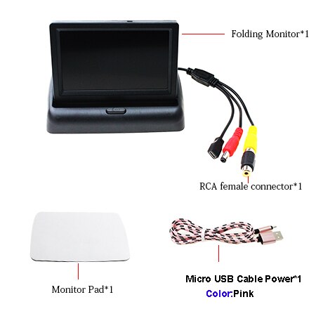 USB Auto Monitor 4.3 Inch Opvouwbare Auto Parking Reverse Rear view Monitor 5 V Power Door Micro USB Charger datakabel: With Pink USB Cable
