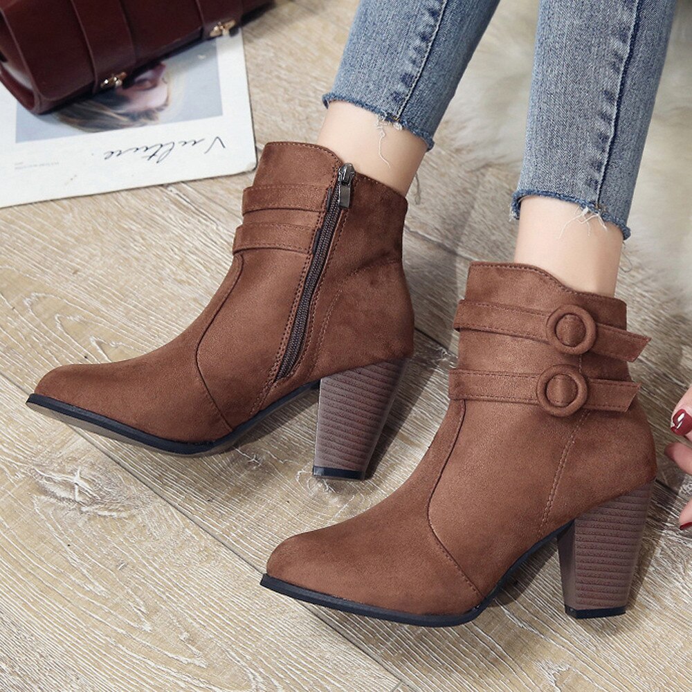 vrouwen Korte Laarzen Suede Winter Ridder Boot Gesp Mode Hoge Hak Enkel Schoenen Puntschoen Warm Bont etnische Botas