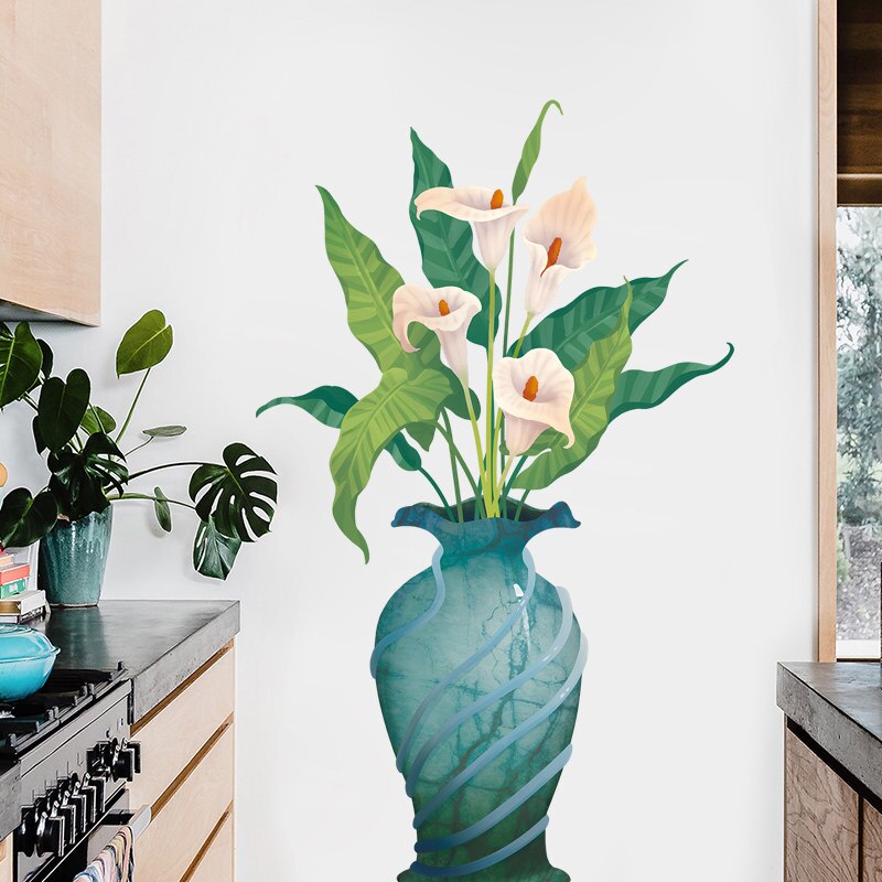Diy wallstickers hjemmeinnredning calla lily potte blomsterpotte kjøkken vindu glass bad stue dekaler vanntett