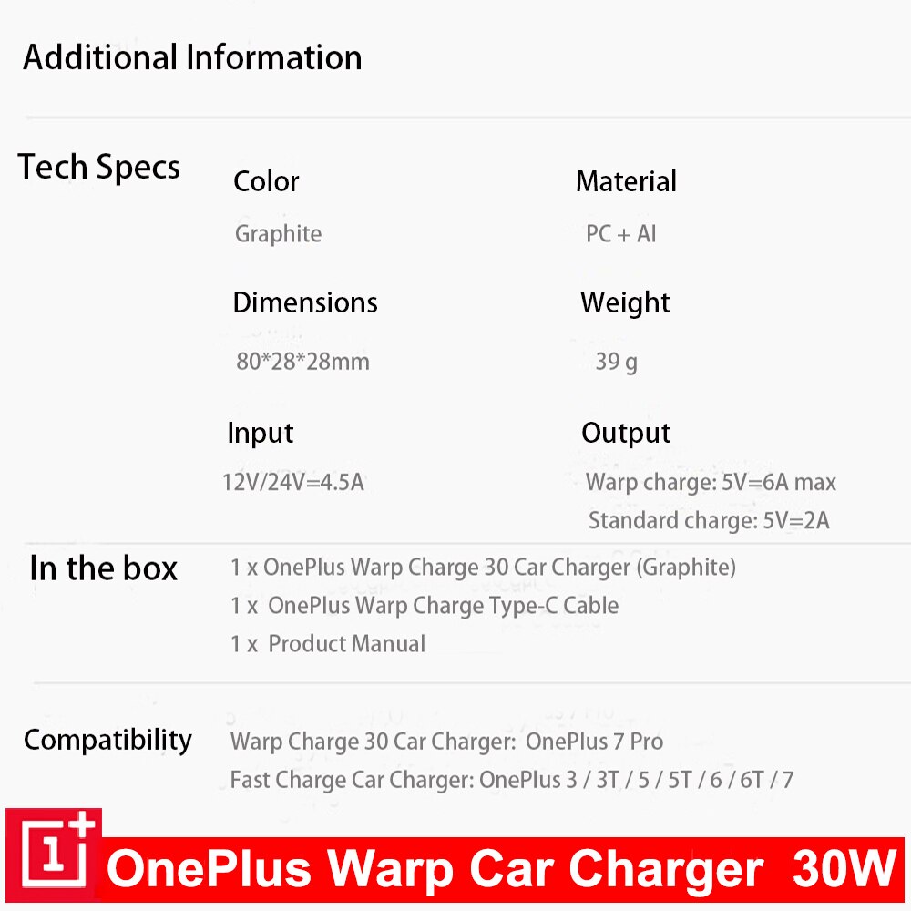 Original Oneplus 30W Warp Charge Car Charger Output 5V6A Max For Oneplus 7 Pro Normal QC For Oneplus 3/3T/5/5T/6/6T/7/Pro/8/8T..