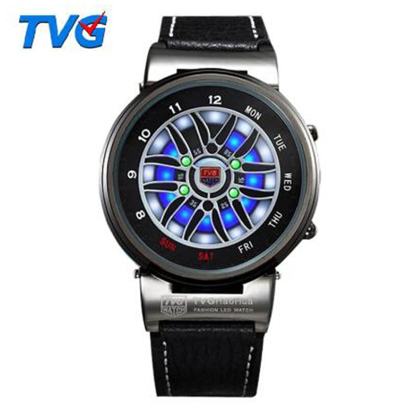Tvg unieke auto roulette velg horloges heren blauwe led binaire horloges leren band elektronische polshorloges heren sporthorloges