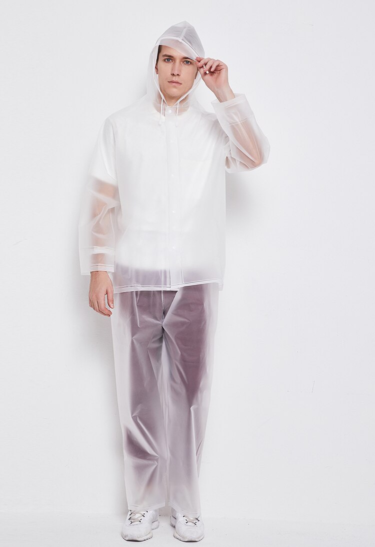 MEHONESTLY Good Transparent Waterproof Adult Plastic Raincoat Women Men Outdoor Jacket with Pants 3 Sizes: White / XL