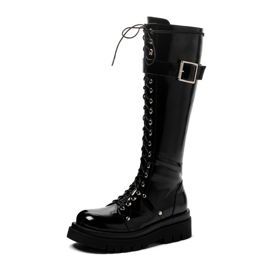 Qutaa lakleren pu kniehoge laarzen met gesp, vetersluiting, rits, vierkante hak, herfst/winter, ronde neus, damesschoenen, maat 34-43: Zwart / 3