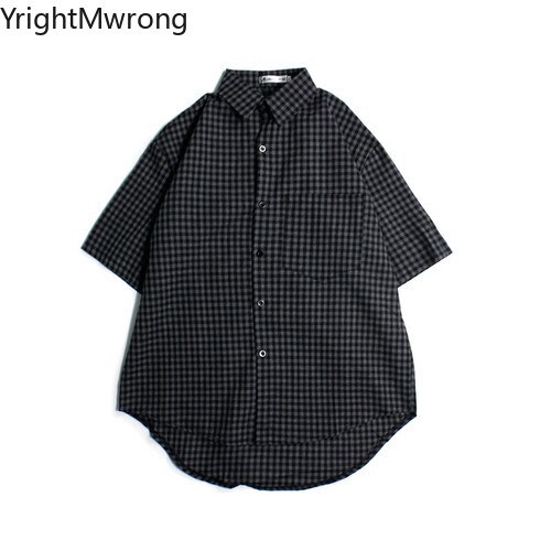 Streetwear Harajuku Woman Man Korean Button Up Short Sleeve Pocket Plaid Shirt Hip Hop Blouse Summer Casual Plus Size T: as photo 1 / XL