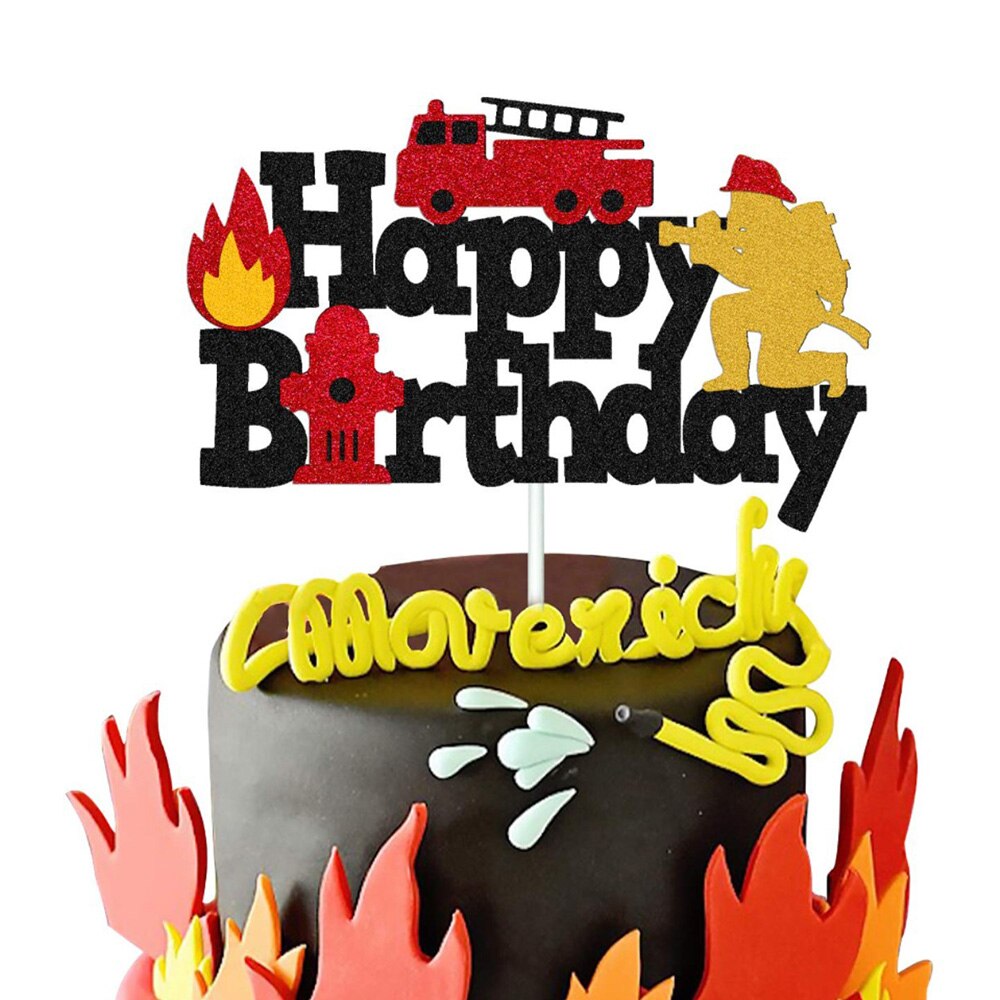 Fireman Cake Topper Fire Truck Happy Birthday Cake Topper Firefighter Themed Cake Decor for Adults Kids Birthday Party Supplies