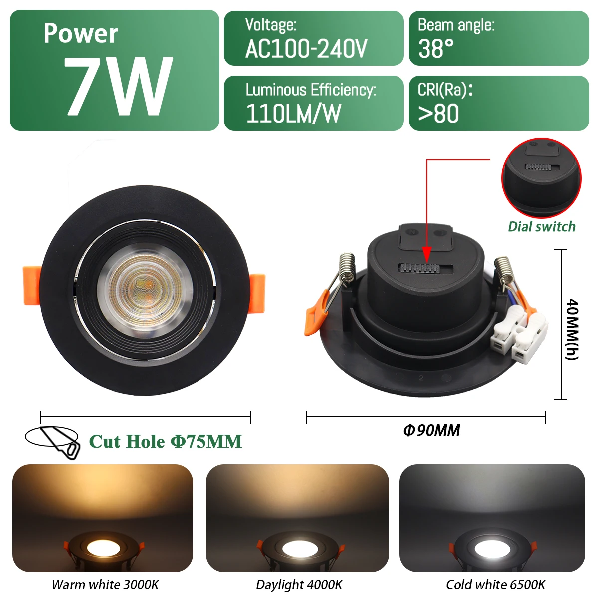 2 uds foco LED empotrable Dial Swich CCT luz de techo ajustada de 3 colores AC 120V 220V 3000K 4000K 6500K iluminación interior: Blanco frío