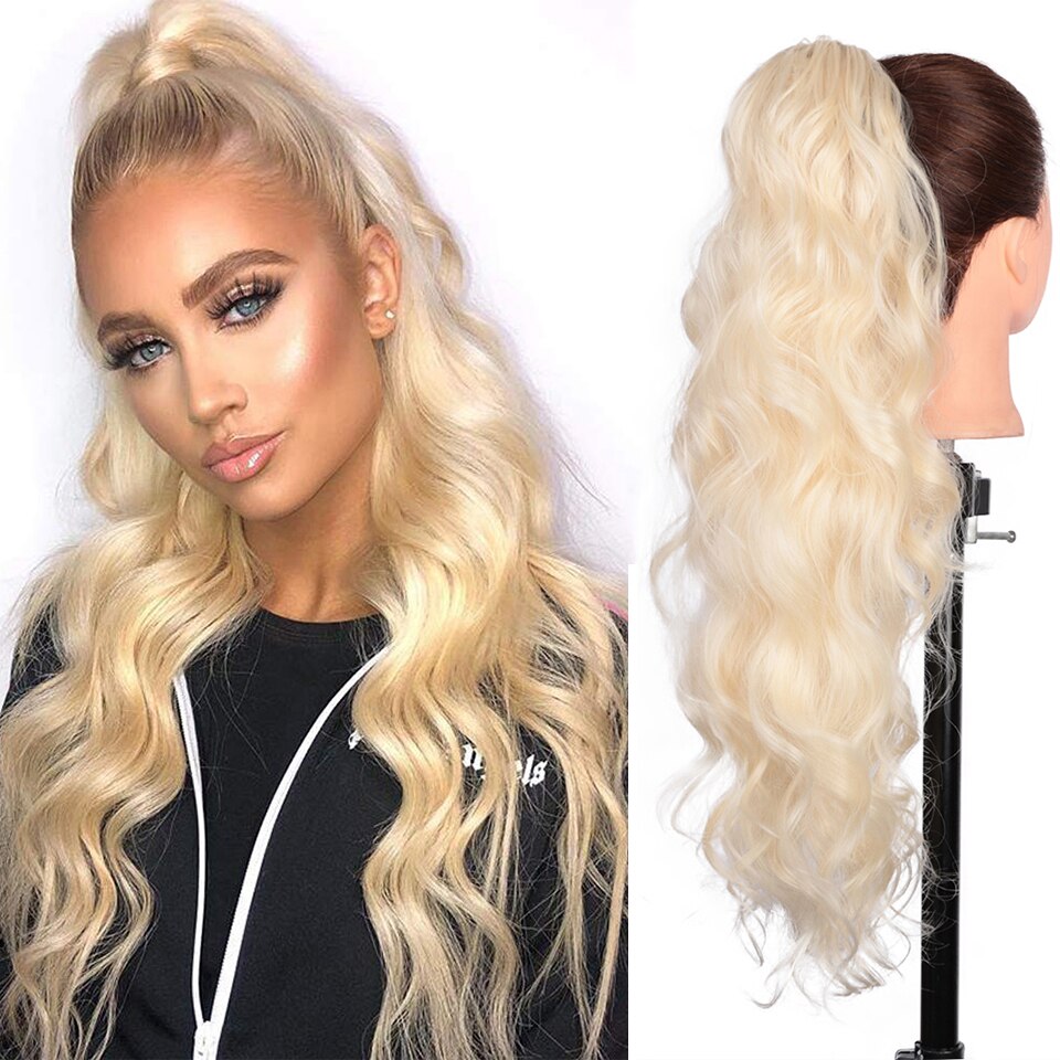 SUe EXQUISITE Synthetic Long Wavy Ponytail Hair for Black Women Gray/Black Synthetic Drawstring Ponytail Clip Hair Extension: blonde