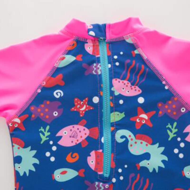 Colorful Childhood Baby Girl Swimwear Rose Red Jumpsuit Swimsuit Half Sleeve 2PCS Kids Colorful Fish One Piece Swimsuit 3-7 Yrs