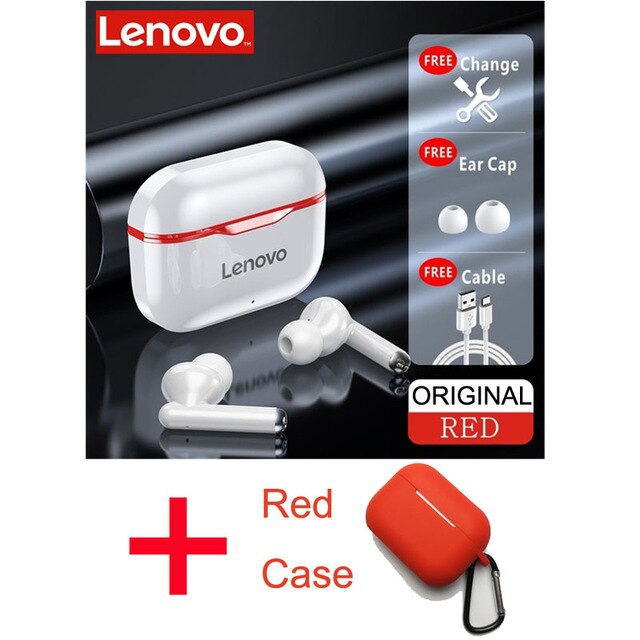 Lenovo-auriculares inalámbricos LP1 con TWS, cascos deportivos impermeables con Bluetooth 5,0, micrófono con cancelación de ruido, estéreo Dual, HIFI, bajos táctiles: red with case